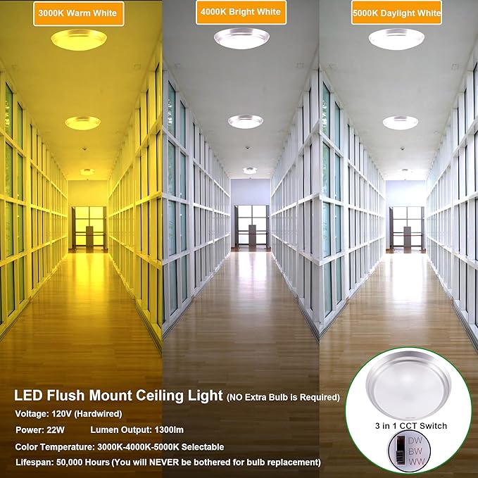 GRUENLICH LED Flush Mount Ceiling Lighting Fixture, 11 Inch Dimmable 22W, 1300 Lumen, 3000K 4000K 5000K Selectable, Aluminum Housing, Damp Location Rated, 2-Pack (Nickel Finish)