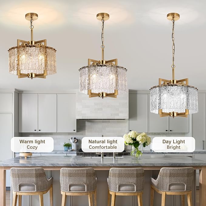 16" Gold Chandelier Light Fixture,Brass Pendant Modern Crystal Chandelier,Water Ripple Glass, Adjustable Height, Elegant Round Hanging Lighting for Kitchen Island Entryway Foyer Dining Room