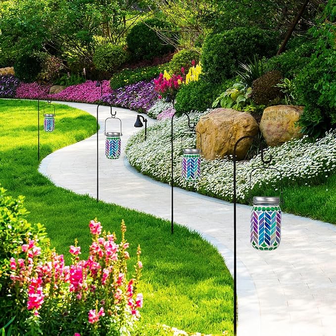 Stargarden 4 Pack Mosaic Solar Lantern ,Waterproof Outdoor Hanging Jar Lights, Mosaic Lights Solar Garden Decor for Patio Pathway Yard