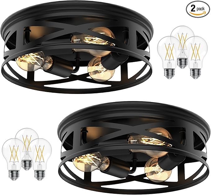 Sunco Farmhouse 3-Light Flush Mount Ceiling Light Fixture, Hallway Matte Black Outdoor Lights, Anti-Corrosive, E26 Base, A19 Edison LED Bulbs Included, for Hallway Kitchen Bathroom 2 Pack
