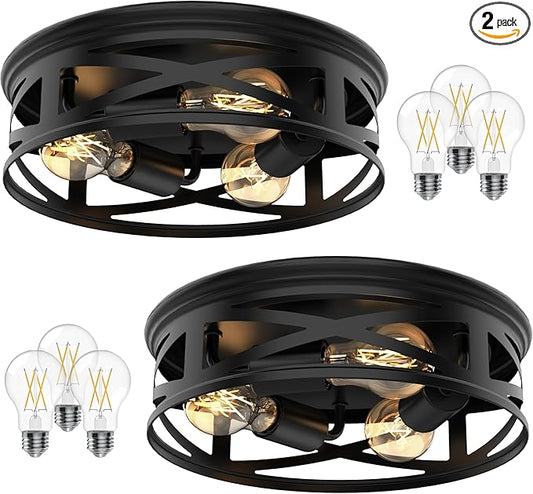 Sunco Farmhouse 3-Light Flush Mount Ceiling Light Fixture, Hallway Matte Black Outdoor Lights, Anti-Corrosive, E26 Base, A19 Edison LED Bulbs Included, for Hallway Kitchen Bathroom 2 Pack