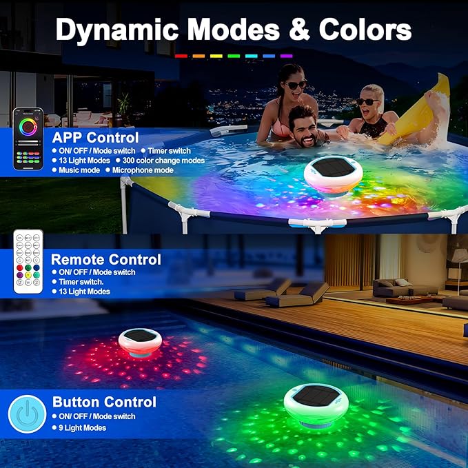 Solar Pool Chlorine Floater with Floating Light, APP-Controlled, RGB Color, IP68 Waterproof, Large Capacity for 2 Tablets (Blue for 4 Tablets)