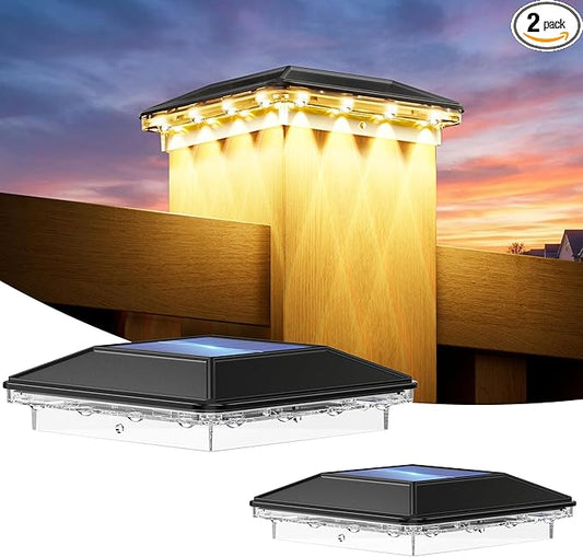 2 Pack 4x4 Solar Post Cap Lights Outdoor, 3 Lighting Modes Fence Post Solar Lights, Waterproof Focused Lens Deck Fence Post Cap Lights Solar Powered for 4x4 Wooden/Vinyl Posts in Deck Railing
