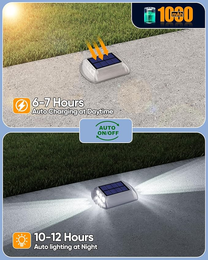 DetarZinLED Deck Lights Solar Powered, 8 Pack White Solar Pathway Driveway Light Outdoor IP68 Waterproof, Stick on & Screw Markers Deck Lights for Dock, Walkway, Sidewalk, Patio, Pool, Garden, Step