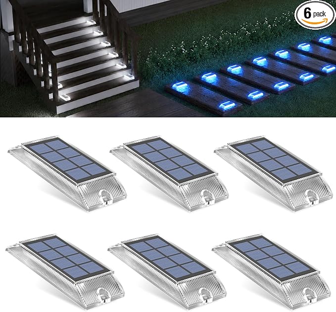 Solar Step Lights Outdoor, 2 Colors in 1 LED Stair Lights | 6 Pack Waterproof Screw Mount Deck Step Lights for Stairs, Patio, Garden, Walkway (White/Blue)