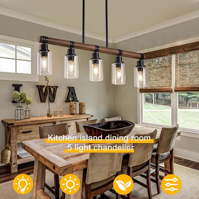 Dining Room Chandelier Over Table, 5-Light Farmhouse Kitchen Island Lighting, Matte Black Rustic Wood Chandelier with Clear Glass Shade, Ceiling Pendant Light Fixture for Kitchen