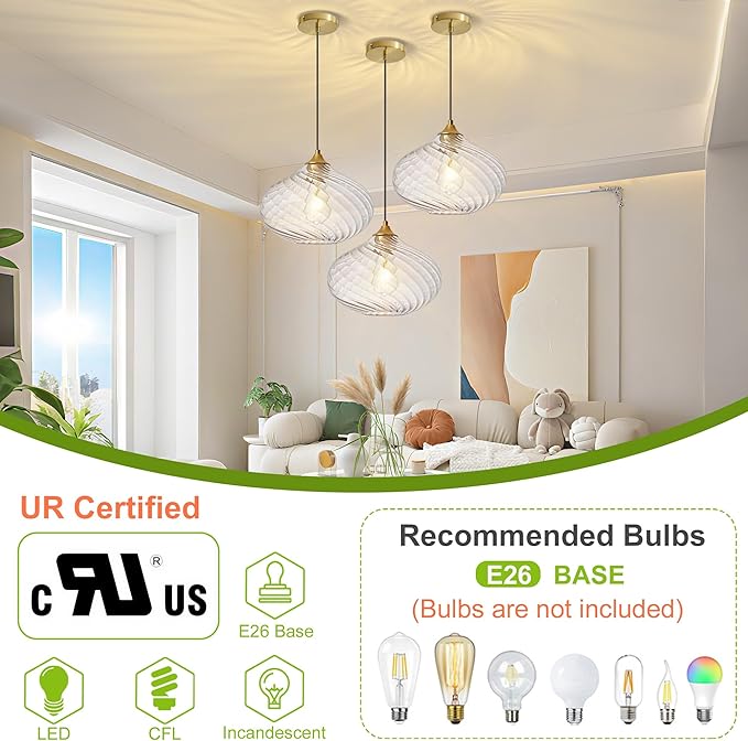 Glass Pendant Lights Kitchen Island, 11'' Brass Gold Pendant Lighting Fixtures, Modern Hanging Ceiling Light with Striped Clear Glass Shade for Farmhouse Dining Room Bedroom Hallway(1 Pack)