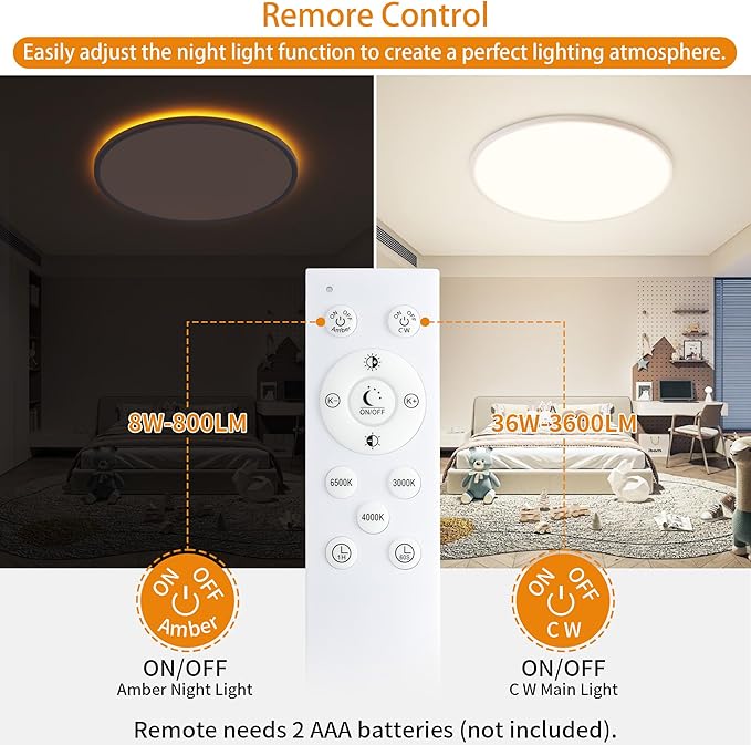 Flush Mount Ceiling Light with Night Light, 15in LED Ceiling Lights with Remote Control, 1800K Nightlights & 3000-6500K Dimmable Lamp Fixture, 36W 3600LM Low Profile for Bedroom, White