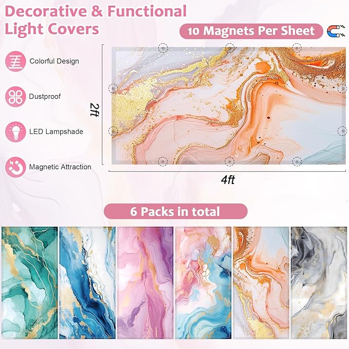 6 Pcs Fluorescent Light Covers, 4x2 Feet Magnetic Light Cover Fluorescent Lights Shade Panel Positive Inspirational Ceiling Lights Filters for Office Classroom Home Drop Ceiling Marble