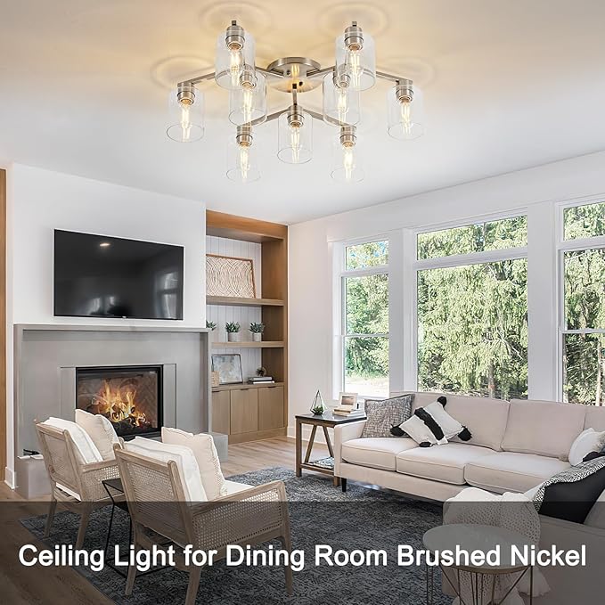 Brushed Nickel 9 Light Dining Room Ceiling Light Fixture Large Semi Flush Mount Ceiling Light Fixture Kitchen Lighting Fixtures Ceiling Light for Living Room with Clear Glass Shades
