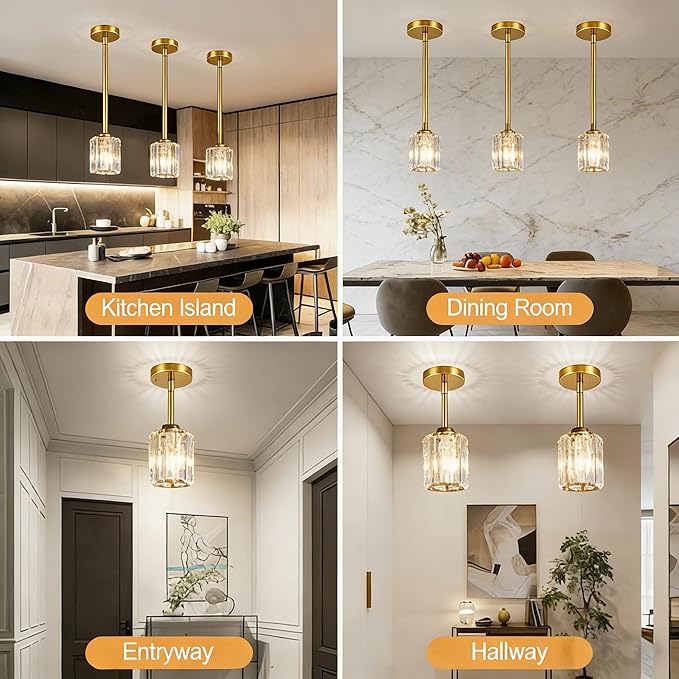 Pendant Lights Kitchen Island 3 Pack, Adjustable High Bronze Modern Crystal Mini Chandelier Ceiling Hanging Pendant Light Fixtures for Kitchen Hallway Dining Room Bedroom