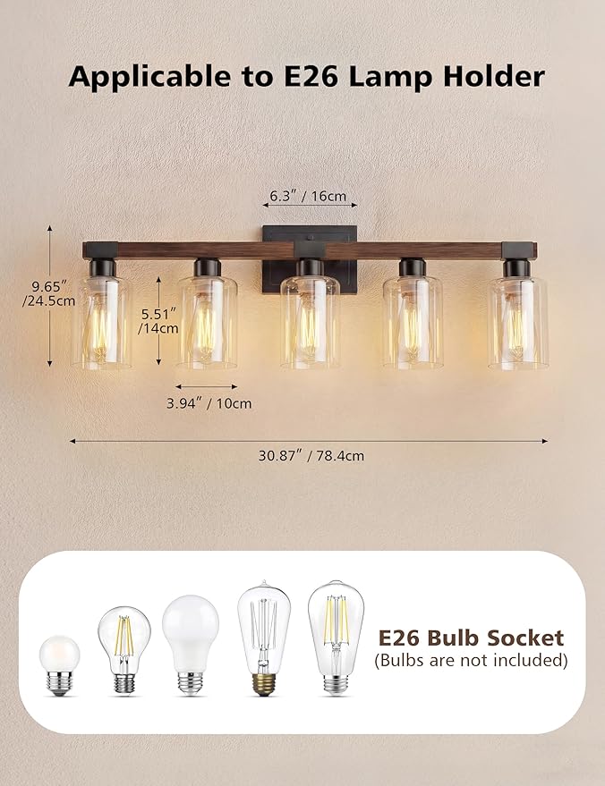 VOLISUN Farmhouse Bathroom Light Fixtures, 5 Light Bathroom Vanity Lights Over Mirror, Rustic Vanity Light for Bathrooms,Wood Bathrooms Lights Fixtures Over Mirror-UL Certificated