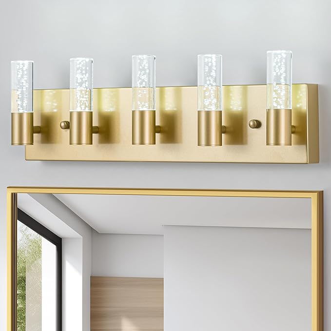 Bathroom Vanity Light Fixtures Over Mirror, Brushed Golden Finish Coating, 5 Light Wall Sconces for Bathroom