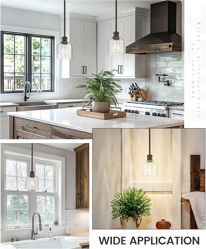 zeyu Bronze Adjustable Pendant Lighting, 2 Pack Hanging Kitchen Lights, 1-Light Farmhouse Glass Pendant Light with Clear Hammered Glass, Oil Rubbed Bronze Finish, ZJF63MIL-2PK ORB