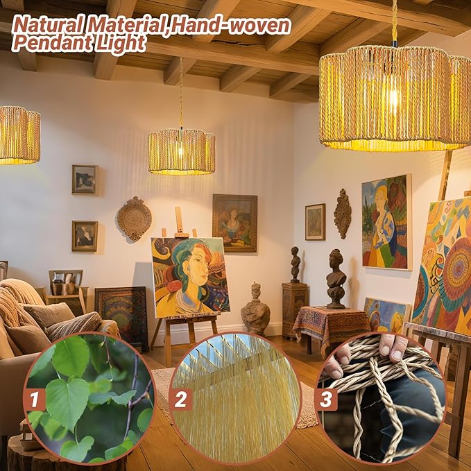 Hanging Lights with Plug in Cord Rattan Hanging Lamp Boho Ceiling Light Fixtures Farmhouse Pendant Lamp Shape for Living Room Bedroom Kitchen