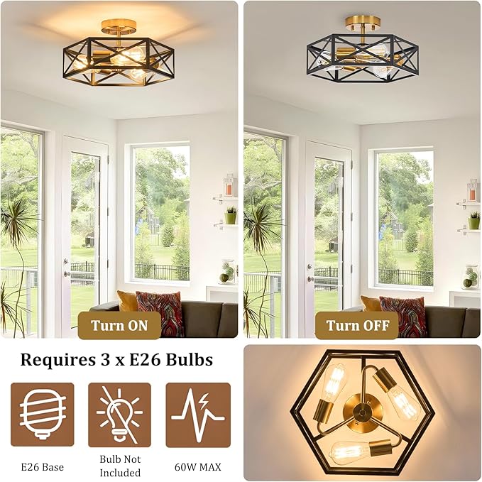 Modern Farmhouse Semi Flush Mount Ceiling Light,Industrial Black and Gold Ceiling Lighting Fixture,Hexagonal Close to Ceiling Lights for Kitchen, Hallway,Bedroom,Foyer,Laundry Room,14.6 Inch