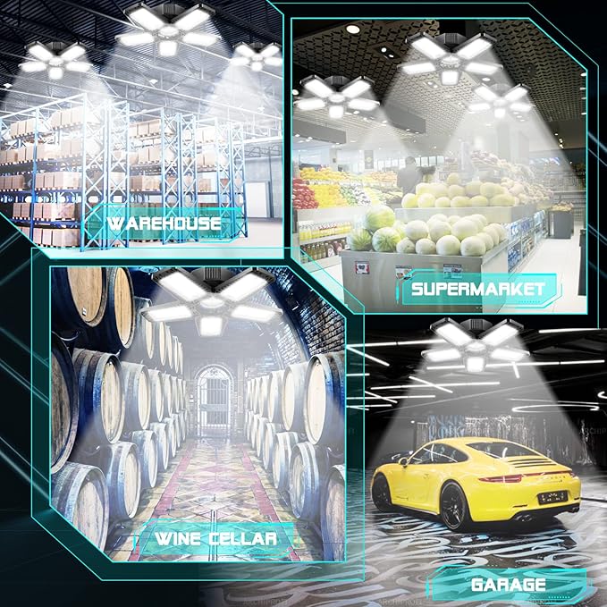 LED Garage Light - 160W 16000LM 6500K LED Garage Ceiling Lights, Screw in Shop Lighting 5+1 Deformable Panels for Attic, Basement, Workshop, E26/E27 (2)