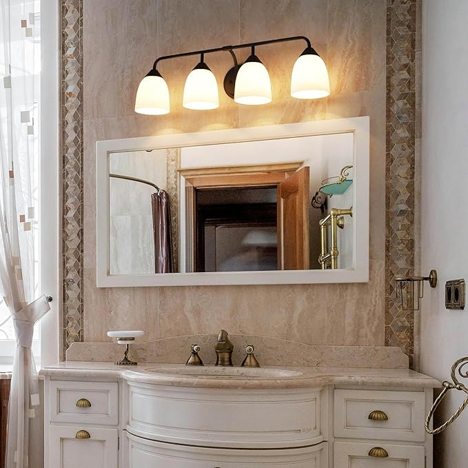 Black 4-Light Traditional Bathroom Vanity Light Fixtures Over Mirror, Modern Vanity Lights for Living Room, Standard E26 Base, Textured Black