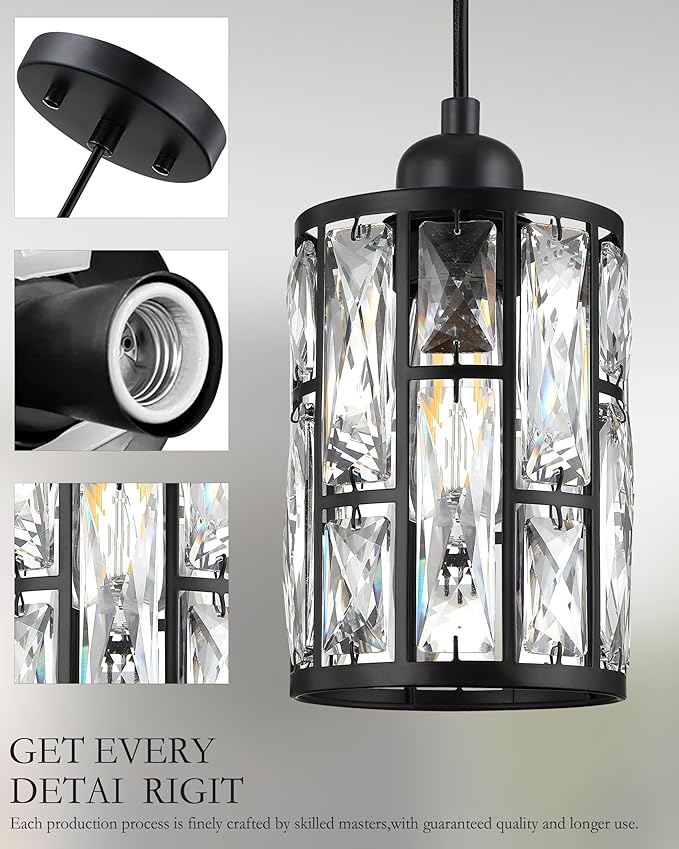 2 Pack 1 Light 5.4" Crystal Shade Hanging Kitchen Island Pendant Light Black Finish,Modern Pendant Fixture with Crystal Metal Shade for Bar,Dining Room,Living Room Over Sink
