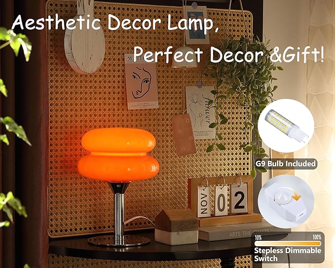 Glivpny Mushroom Lamp Table Lamp for Night Stands,Mid Century Modern Desk Lamps for Bedroom, Vintage Dimmable Bedside Small Lamps, Cute Cool Home Room Aesthetic Decor for Living Room(Orange Red)
