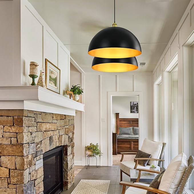 Black-Farmhouse Pendant-Light Hanging-Lamp Fixtures - 20 inch Kitchen Island Pendant Lights Industrial Dome Ceiling Lighting Dining Room Large Vintage Light for Indoor Black and Gold