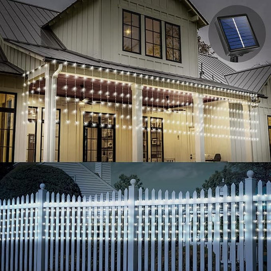32.8 * 3.28FT Large Size Solar Curtain Icicle Lights Outdoor, 8 Modes Outdoor String Icicle Curtain Lights, Solar Christmas Garden Light for Patio, Gazebo, Eaves, Fence, Tree, Porch (White)