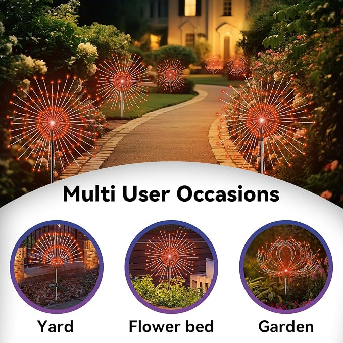 Garden Outdoor Lights, 2 Pack 120 LED Solar Garden Lights Fairy Lights Outdoor Waterproof Decorative Solar Firework Lights for Yard, Patio, Pathway, Flowerbed Party Wedding Decor, Orange