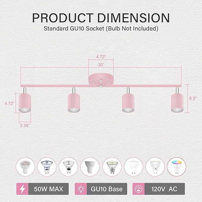 Track Lighting Fixture Ceiling, Modern LED Track Lights Kit, 4 Lights Ceiling Lighting for Kitchen, Rotatable Spotlight Heads, Wall Mount Spot Lighting for Island/Bedroom, Pink Home Decor(GU10 Socket)