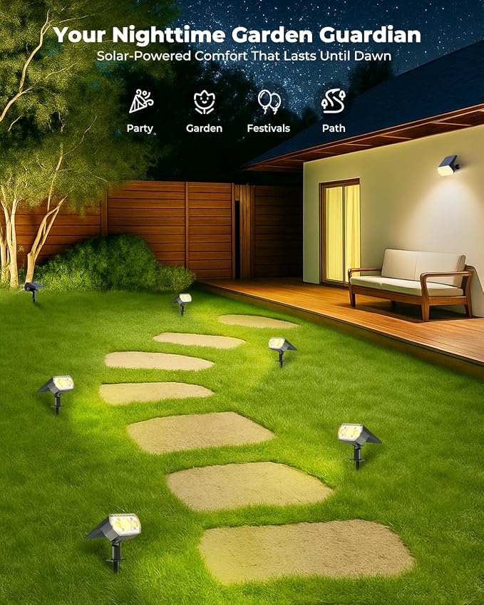 Solar Lights Outdoor Waterproof IP67, 6 Pack 64 LED Outdoor Solar Lights, 3 Lighting Modes Auto On/Off Solar Spot Lights Outdoor for Garden, Yard, Landscape - Warm White