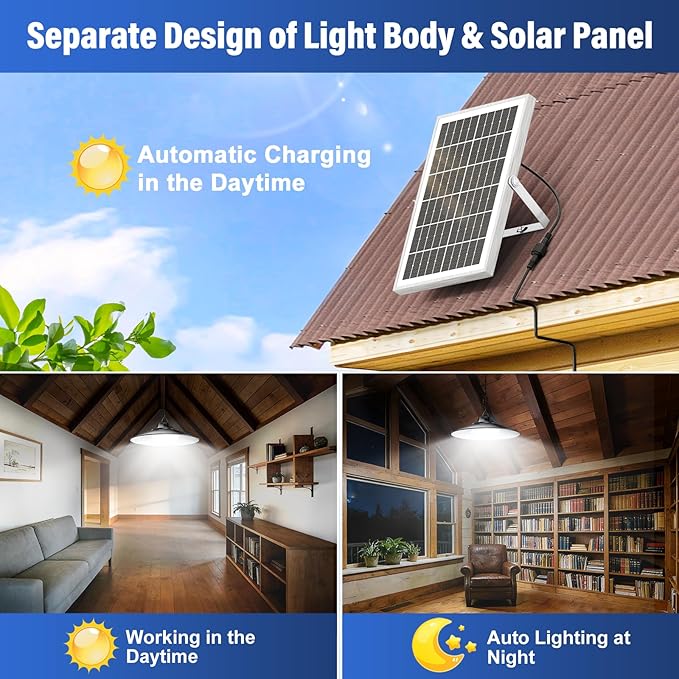 Otovoda Solar Shed Light Indoor Outdoor, Daytime Available Pendant Light with Pull String, 3 Lighting Modes, IP65 Waterproof, Dusk to Dawn Outdoor Light for Chicken Coop Barn Home Shop Gazebo Garage