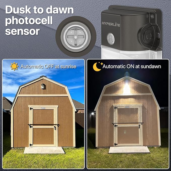 HYPERLITE LED Wall Pack 30W: 3600lm 5000K Daylight 120Vac LED Porch Lights with Dusk to Dawn Photocell - IP65 Waterproof Outdoor Security Flood Lighting for Patio Deck Yard UL Listed 4 Pack