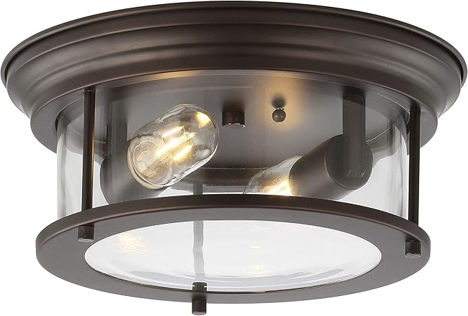 JONATHAN Y 13.25" Oil Rubbed Bronze/Clear 2-Light LED Flush Mount Ceiling Light Fixture, Modern Clear Glass Drum Shade, Industrial Farmhouse Lighting for Kitchen Hallway Bedroom (JYL7446B)
