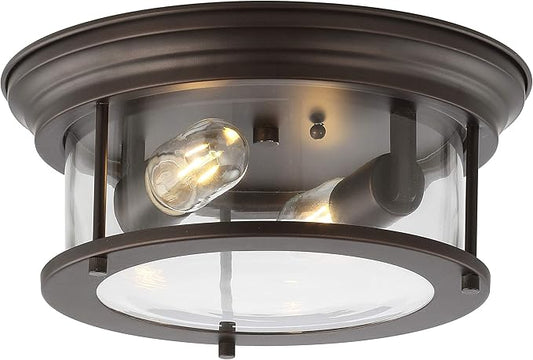 JONATHAN Y 13.25" Oil Rubbed Bronze/Clear 2-Light LED Flush Mount Ceiling Light Fixture, Modern Clear Glass Drum Shade, Industrial Farmhouse Lighting for Kitchen Hallway Bedroom (JYL7446B)