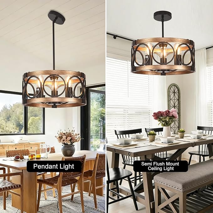 Light Fixtures Ceiling Mount,3-Lights Semi Flush Mount Ceiling Light Fixture,15.7" Black Dining Room Chandelier Rustic Drum Chandelier Pendant Light Fixture with Wood Grain Finish for Kitchen