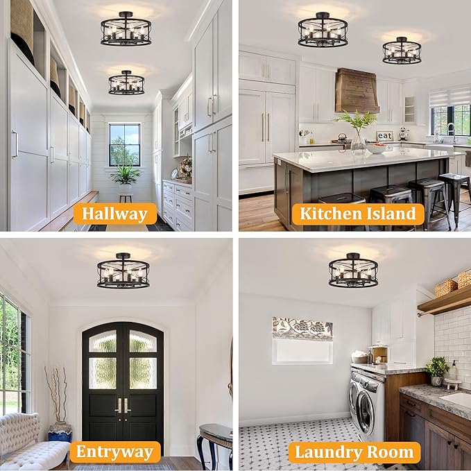 TOULMJ 6-Light Black Semi Flush Mount Ceiling Light, 16.53'' Modern Entryway Light Fixtures, Farmhouse Light Fixtures Flush Mount Chandelier for Kitchen Island Laundry Hallway Dining Room