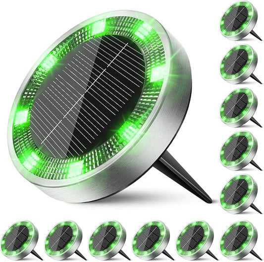 Peasur Solar Ground Lights Outdoor, 12 Pack Flat Solar Powered Disc Lights, IP68 Waterproof, Anti-Rust, Landscape Lighting for Pathway Garden Yard Lawn Walkway Landscape Driveway, Green