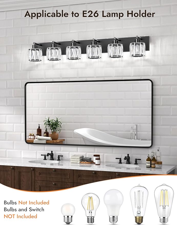 VOLISUN Crystal Vanity Lights for Bathrooms, 6 Light Bathroom Vanity Light, Modern Matte Black Bathroom Light Over Mirror, Black Bathrooms Lights Fixtures-UL Certificated(Exclude Bulb)