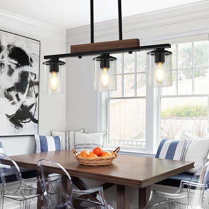 23.6'' Kitchen Island Light Fixtures, 3-Light Dining Room Light Fixture Chandelier Over Table, Black Modern Rustic Wood Ceiling Pendant Light Fixtures, with Clear Glass Shade, Farmhouse Chandelier