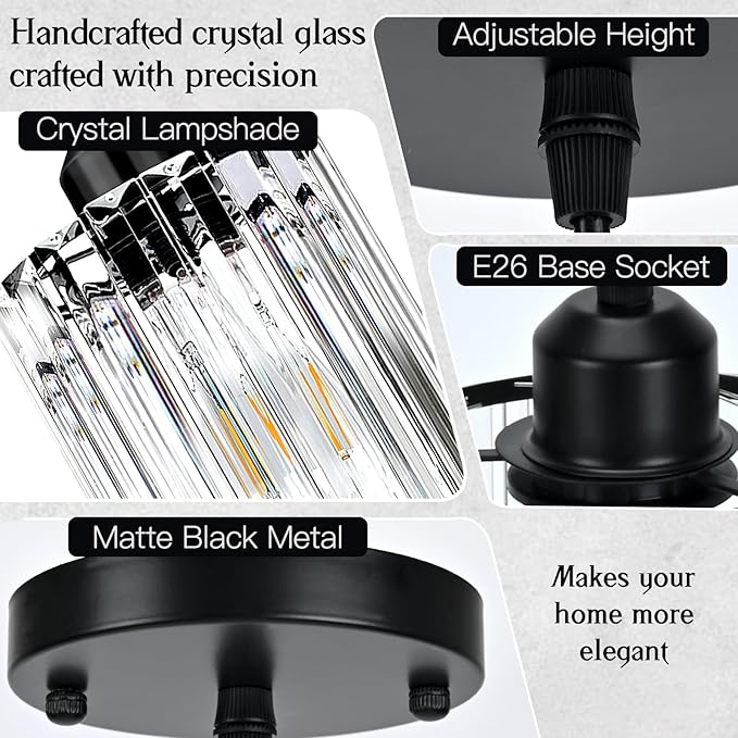 3 Pack Pendant Lights Kitchen Island, Elegant Modern Island Lights for Kitchen with Crystal Glass – Luxury Black Pendant Lights for Kitchen Island, Dining Table, Entryway, Restaurant