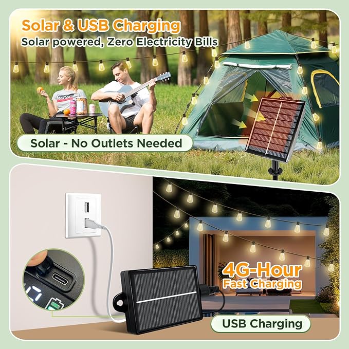 Solar String Lights Outdoor Waterproof Lights with Remote & Timer, LED Shatterproof ST38 Bulbs, USB & Solar Powered Patio Lights for Backyard, Porch, Garden, Wedding, Christmas Decor (50FT)