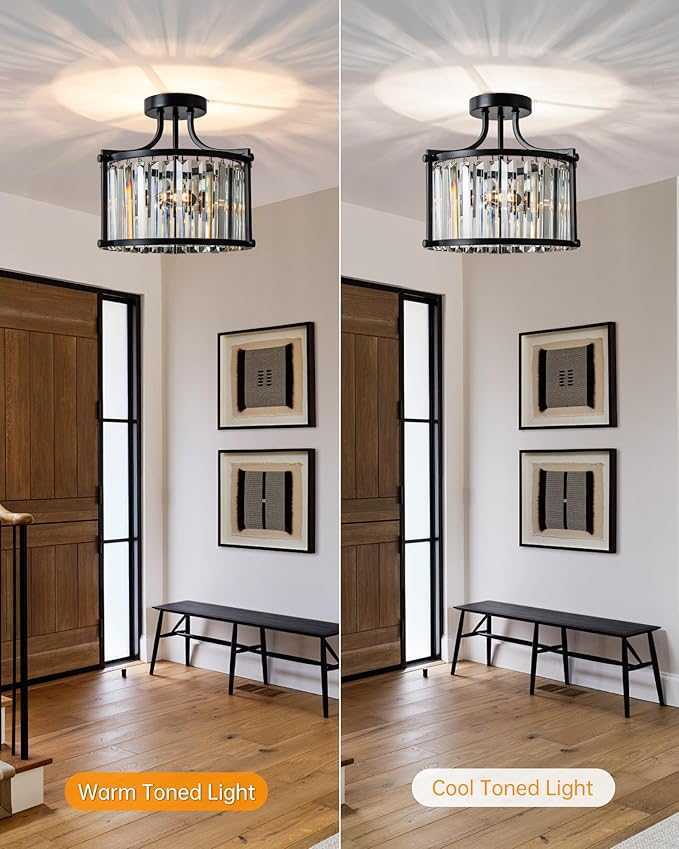 KSRYSZCQ Black Crystal Ceiling Light 3-Light Flush Mount Ceiling Light Fixture 12.59" E12 Bulb Round Hallway Lighting Fixtures for Kitchen Entryway Bedroom Bathroom