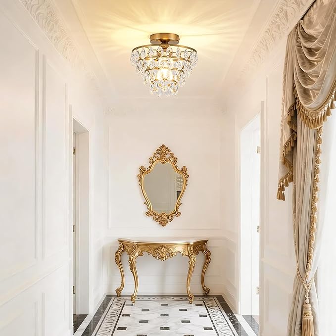 Mayful Modern Crystal Ceiling Light Fixture Gold Semi Flush Mount Ceilig Chandelier Mini Ceiling Light for Hallway Bedroom Bathroom Living Room E26