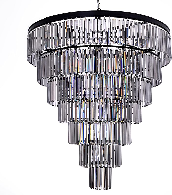 TOCHIC Black Crystal Chandelier for Living Room, 40 Inch 7-Tier Modern K9 Smoke Grey Chandeliers for Dining Room, Round Raindrop Light Hanging for High Ceiling, Staircase, Entryway, Foyer