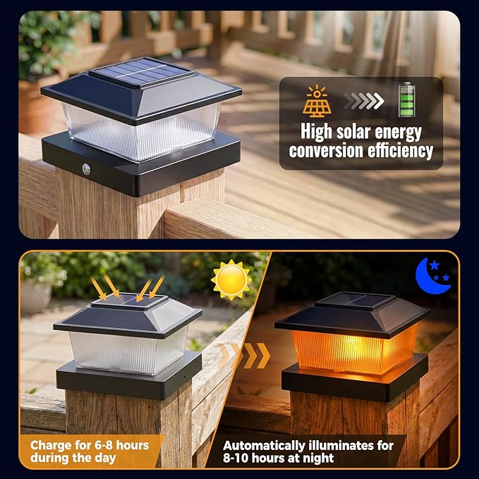 btfarm 4x4 Solar Flame Post Cap Lights, 8 Pack Fence Deck Post Lights Outdoor Solar Powered Waterproof, Fits 4x4 3.5x3.5 Wooden & Vinyl for Porch Patio Yard(Flickering Flame, Black)