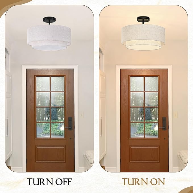 15.7 Inch Flush Mount Ceiling Light Black Close to Lights Fixture with 2-Layer Fabric Shade 3-Light Drum Modern Lights for Dining Room Bedroom Hallway