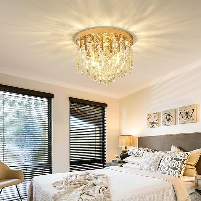YMP&YZX Small Crystal Chandelier for Low Ceiling,11.8" French Gold Modern Crystal Chandelier with E12 Base Lights for Bedroom Living Dining Room Hallway Closet Light Fixture Flush Mount 3 Light