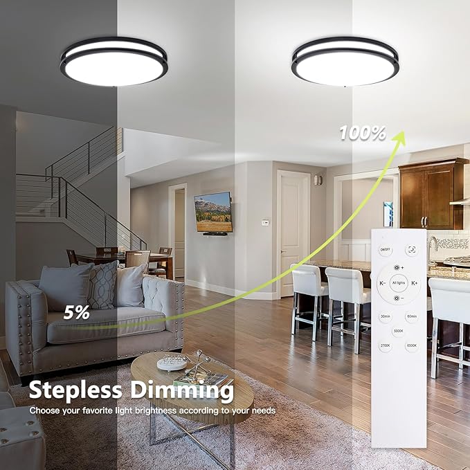 Flush Mount Ceiling Light - 2 Pack 36W 3000K/3500K/4000K/5000K/6000K Dimmable Led Ceiling Light Fixture for Kitchen Hallway Bedroom Bathroom (2, Black, 17.5 Inch)