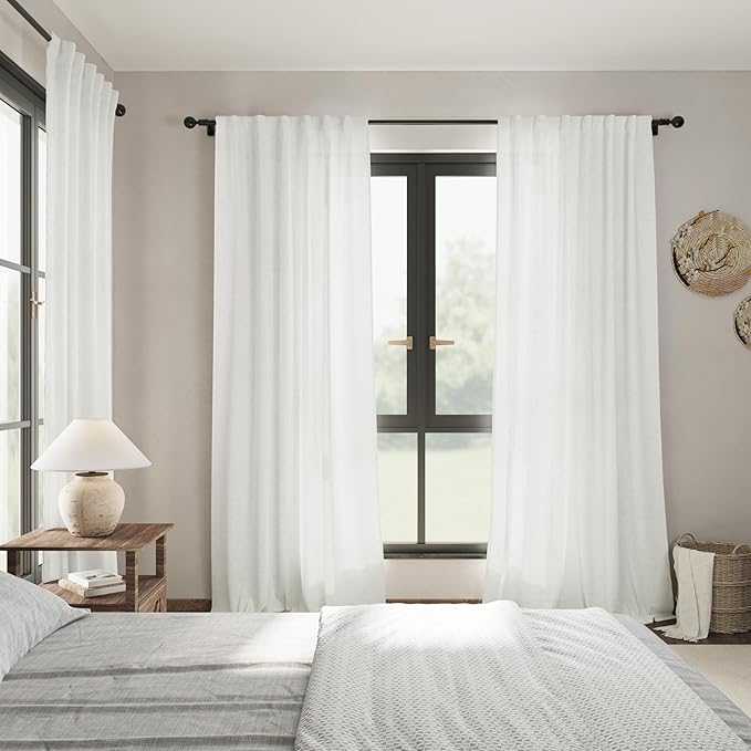Nanspring Ivory Semi Sheer Curtains 72 Inches Long 2 Panels Set for Bedroom Back Tab Rod Pocket Light Filtering Privacy Drapes Cotton Linen Textured Farmhouse Living Room Curtain 52X72 Inches
