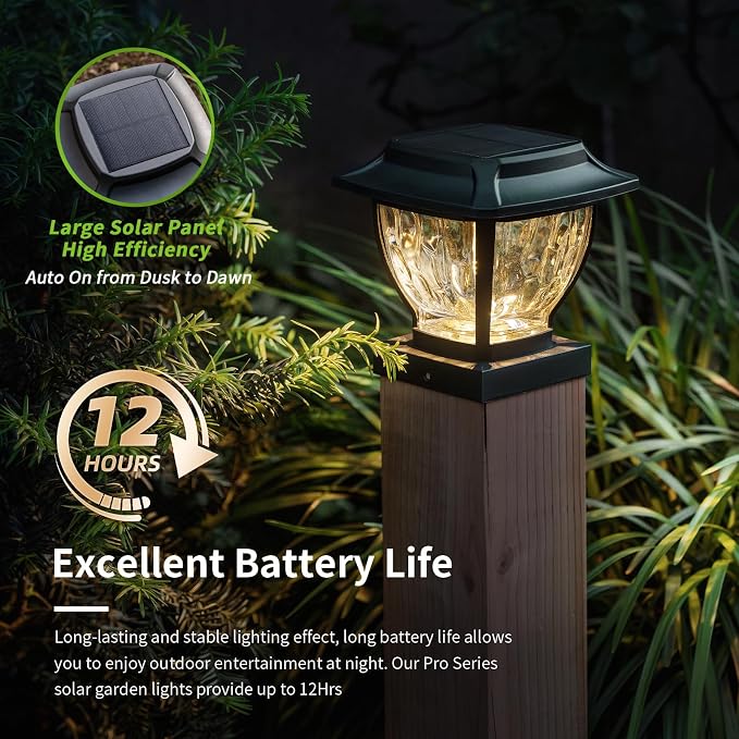 Solar Post Cap Lights Outdoor, Glass Deck Fence Post Cap Light Solar Powered for 4x4 Vinyl/Wooden Posts, Solar Lamp Post Light with 2 Lighting Modes for Patio Garden, Bright Warm White (2 Pack)