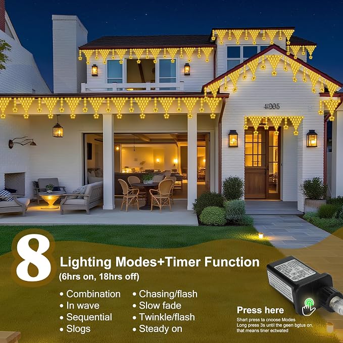 Outdoor Christmas Lights, 13.8ft 218 LED Curtain Lights, Icicle String Lights with 12 Drop Stars for Curtain, Indoor, Garden, Patio, Wedding, New Year, Home Decoration - Warmwhite